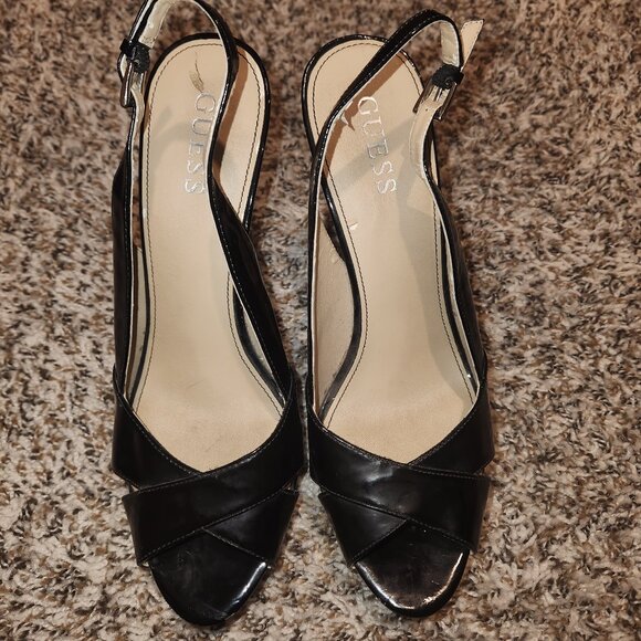 GUESS BRAND Black Patent Leather Peep Toe Stiletto Ankle Strap  sz 8.5 - Picture 1 of 13